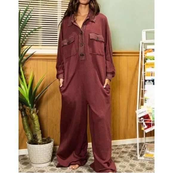BUCKETLIST Terry Cloth Oversized Jumpsuit Grey and Maroon size small - Picture 2 of 8
